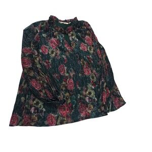 Soft Surroundings Metallic Floral Pleated Blouse Green Red XL 2GQ04